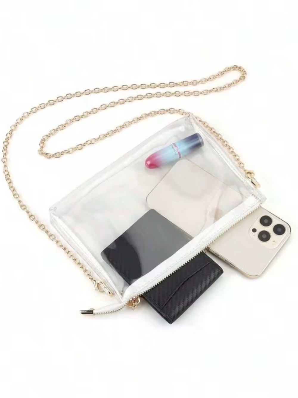 Clear PVC Crossbody Bag with Gold Chain Strap - Transparent